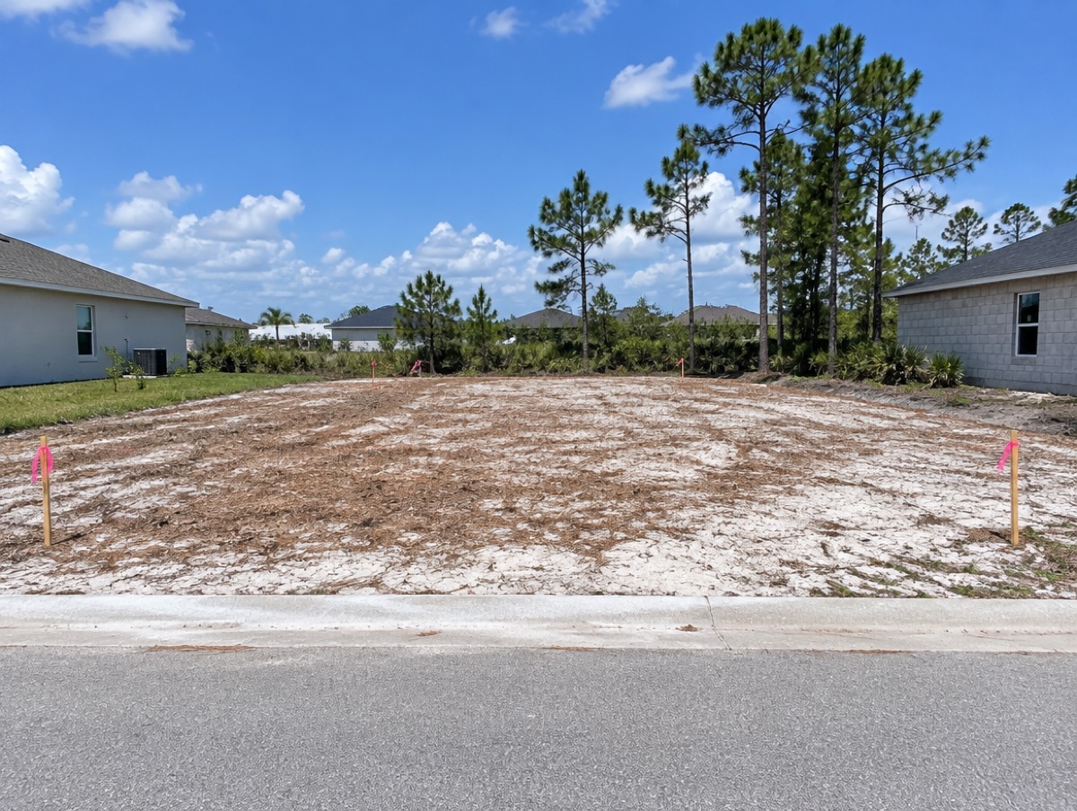 Cleared sandy residential lot with survey stakes between two houses