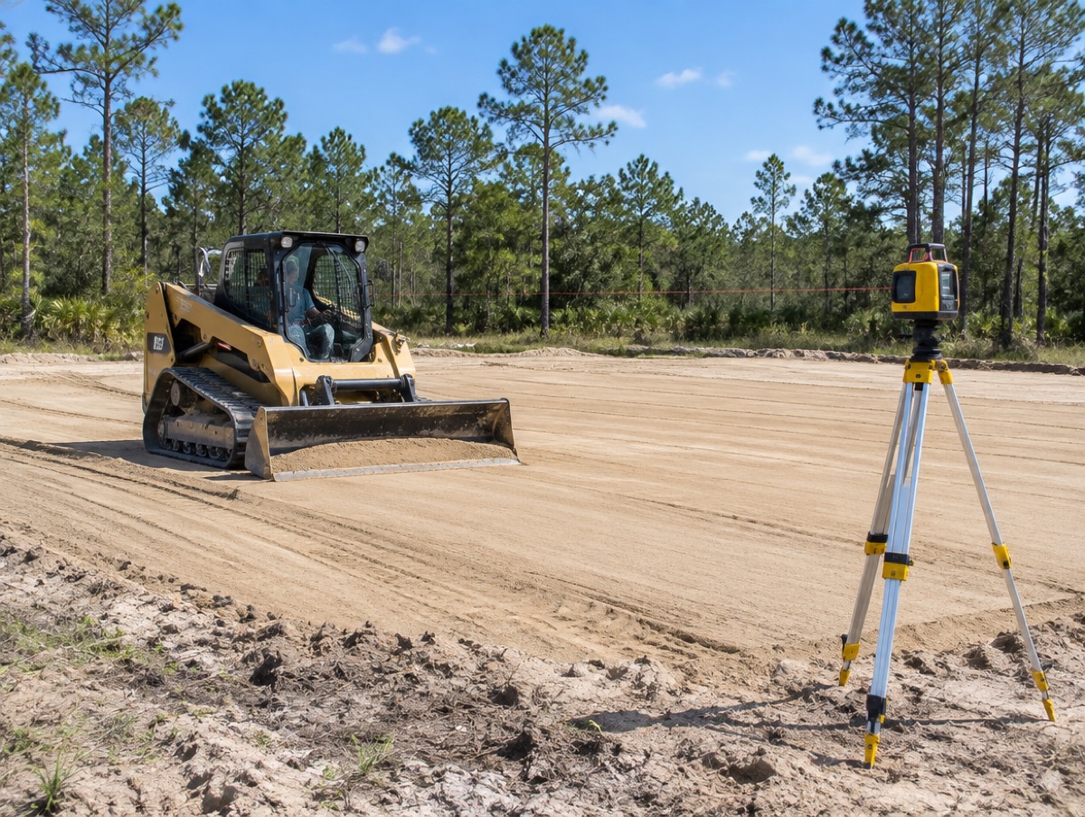 Compact track loader grading a sand building pad beside a laser level
