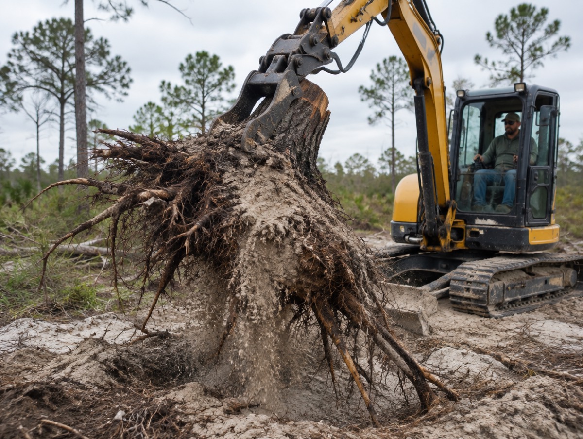 Excavator pulling a pine stump and its roots out of sandy soil