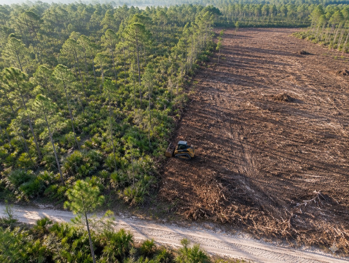 Aerial view of a wooded parcel with one side cleared