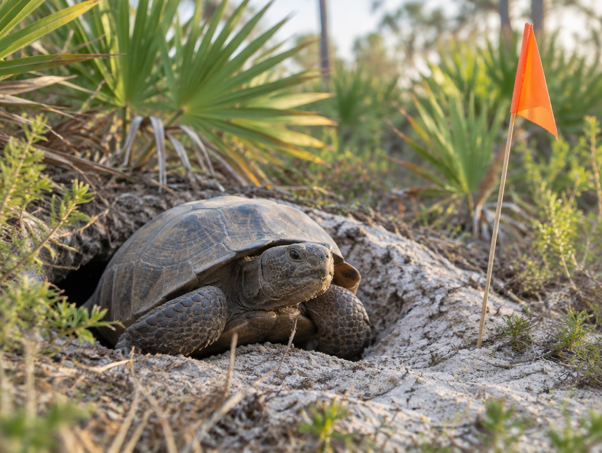 Gopher tortoise at its burrow entrance beside a survey flag