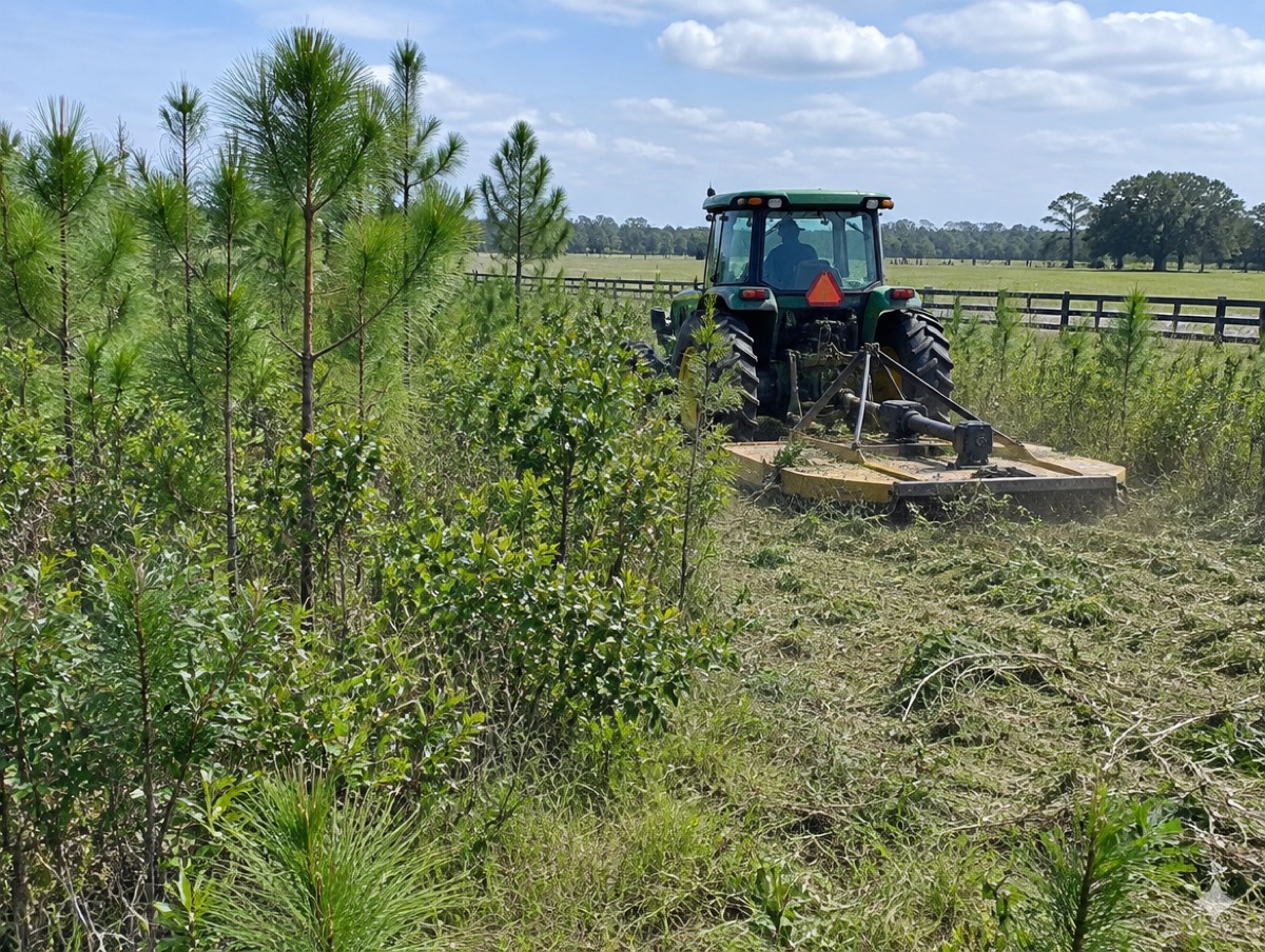 Tractor with a brush mower clearing young pines from an overgrown pasture