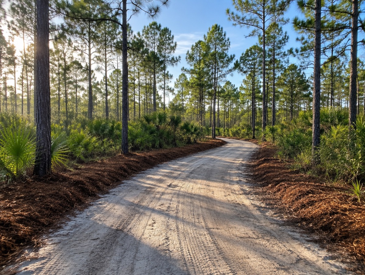 Newly cleared sandy access road through slash pine flatwoods