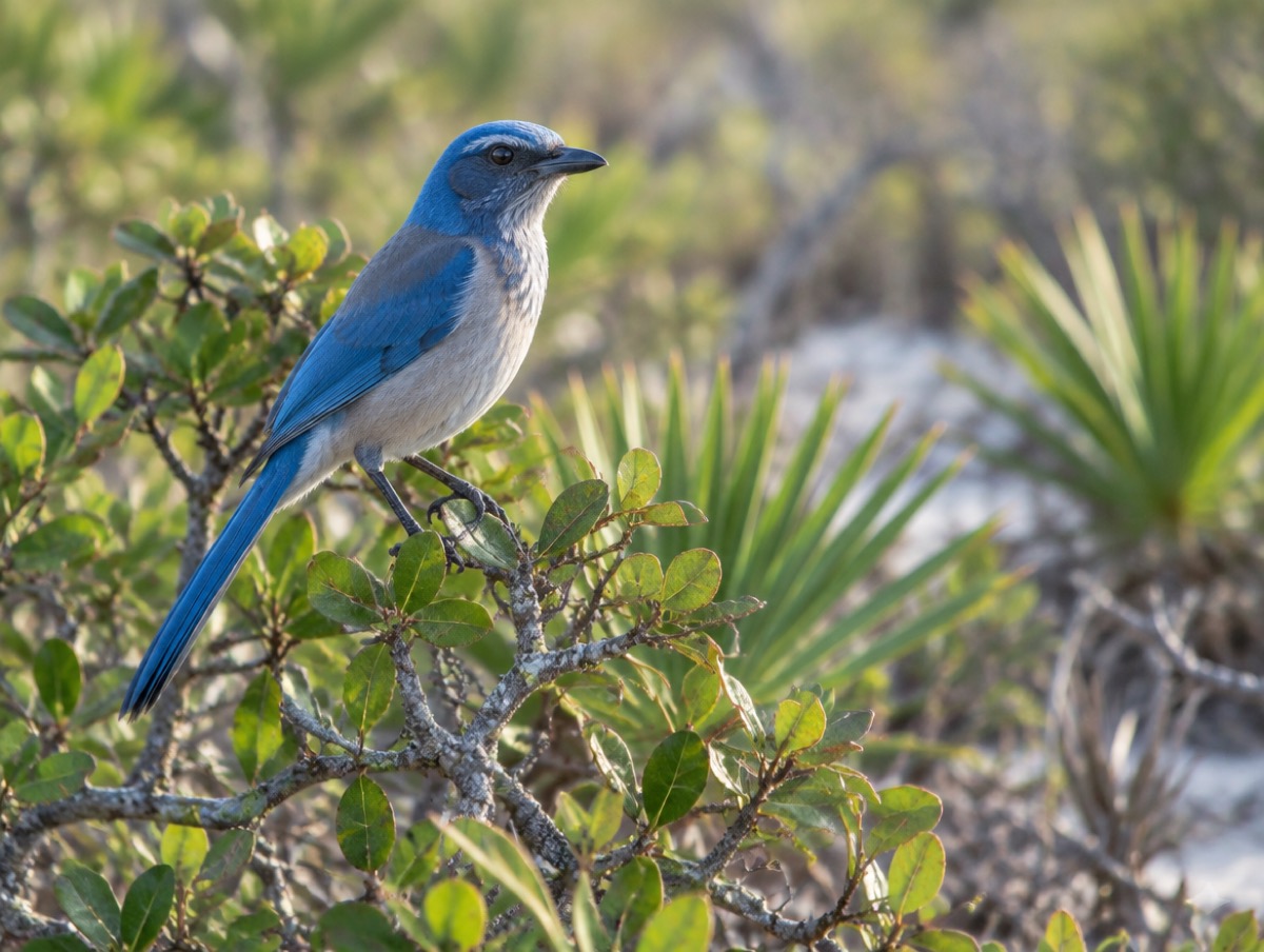 Florida scrub-jay perched on scrub oak beside saw palmetto in sandy scrub