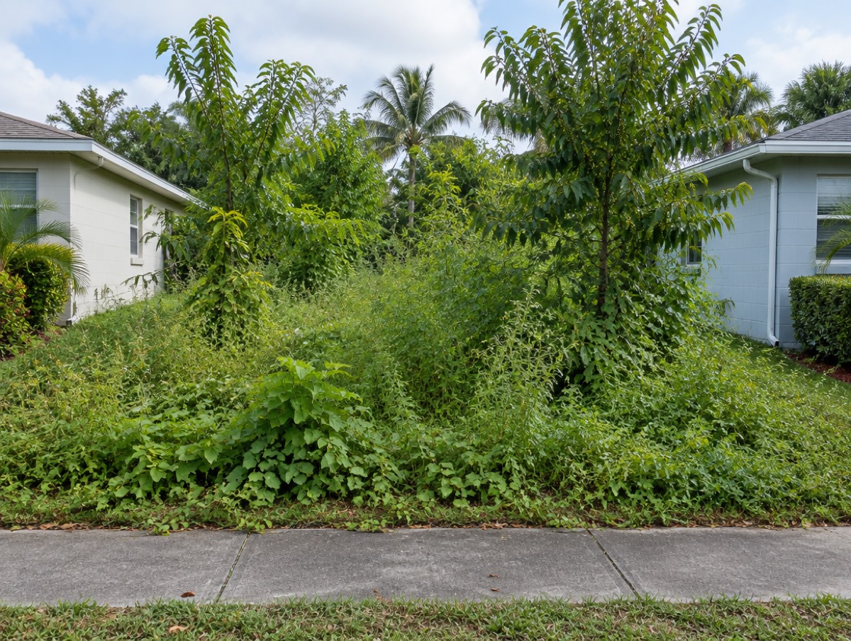 Overgrown vacant lot with chest-high weeds between two block homes