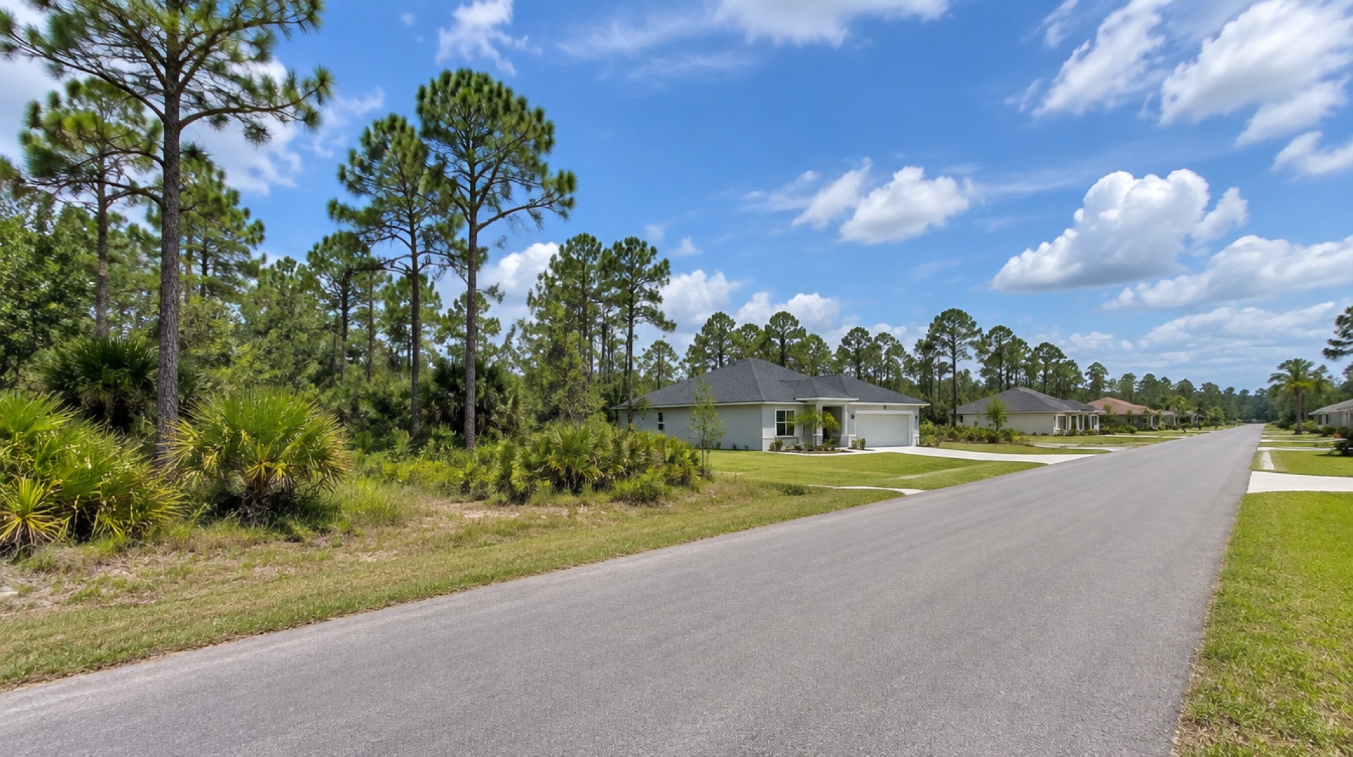 Residential street with new homes beside still-wooded vacant lots