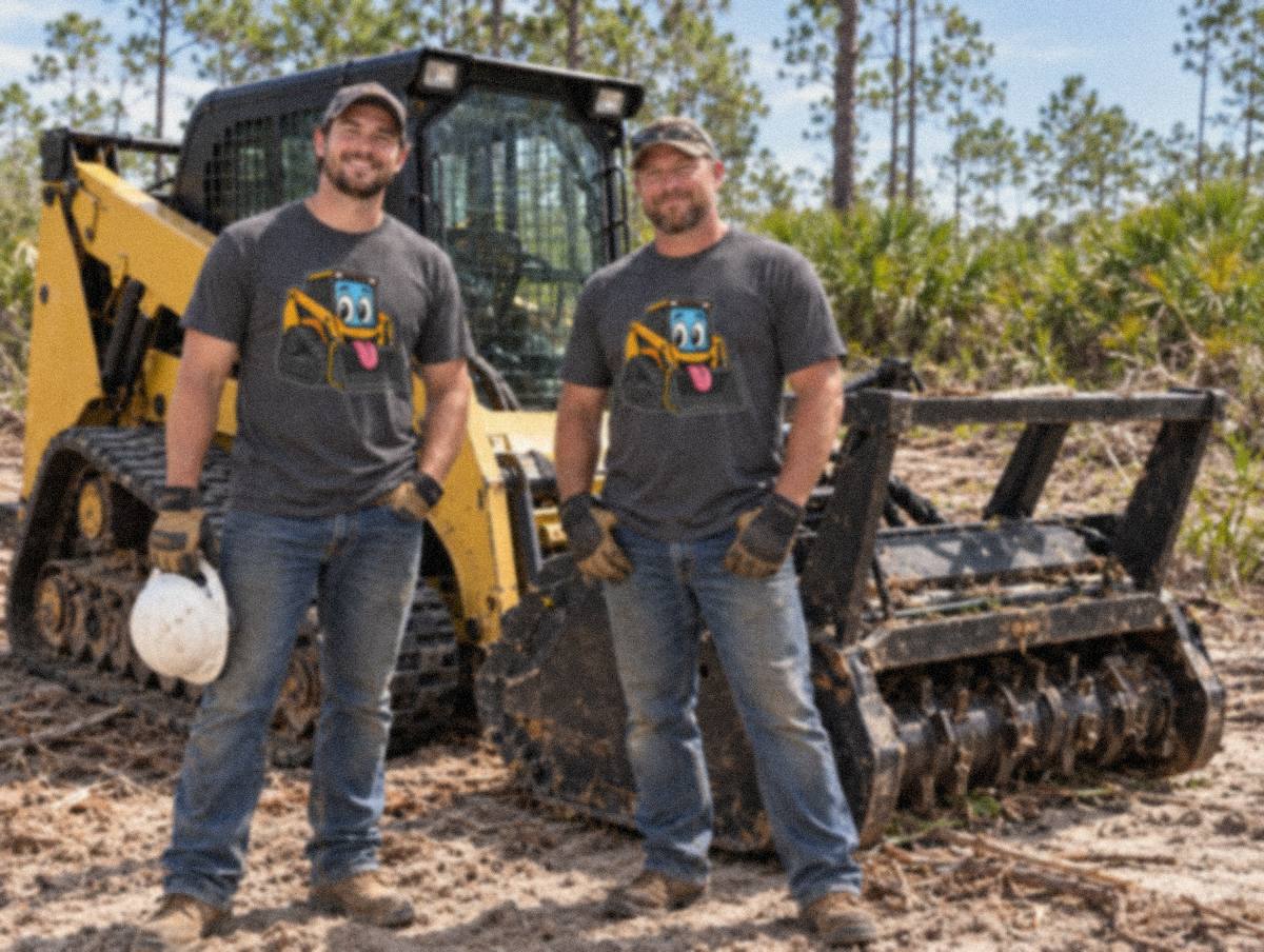 Illustration of two men in gray skid steer mascot shirts beside a track loader with a mulcher head on a sandy lot