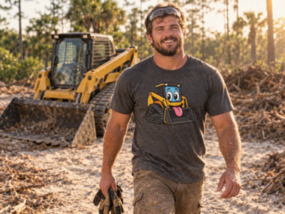 Illustration of a man in a skid steer mascot shirt walking across a cleared sandy lot, a track loader behind him