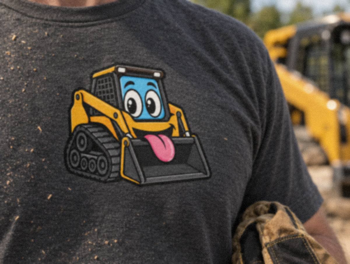 Illustration close-up of the skid steer mascot logo printed on a gray work shirt